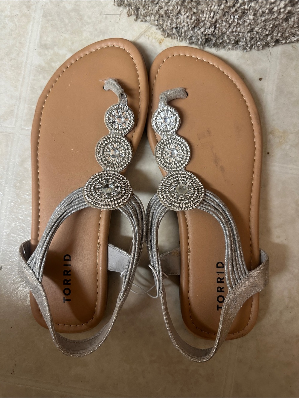 torrid Silver Jeweled T-Strap Sandals with Tan Footbed